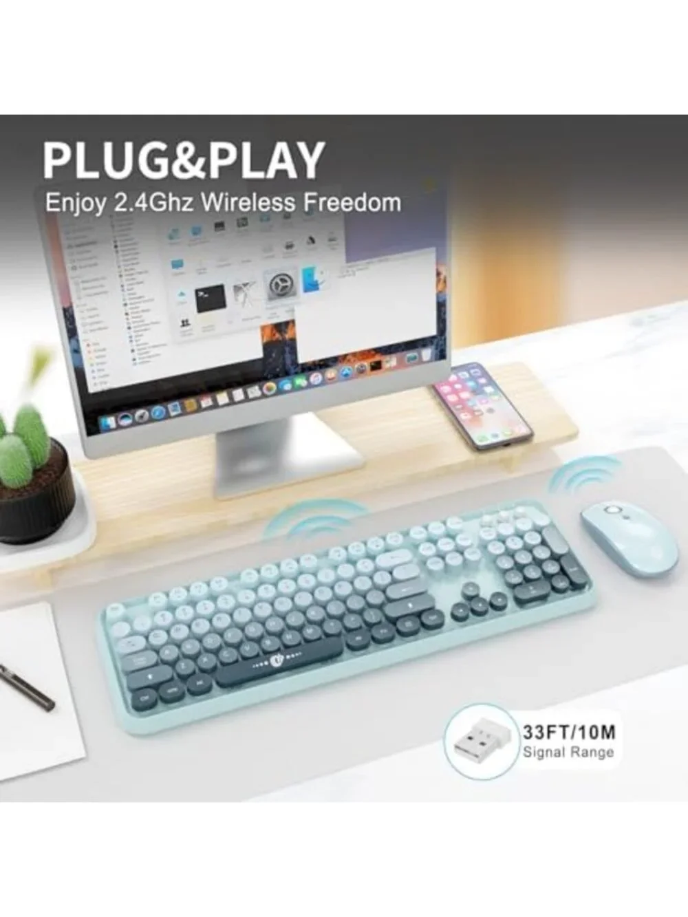 Colorful Retro Typewriter Wireless Keyboard & Mouse Combo, Plug & Play for
